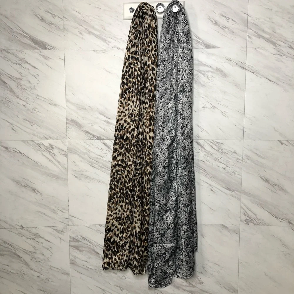 Bundle of Two Printed Wrap Scarves 1 Leopard & 1 Floral Lace Polyester 17.5”x70”